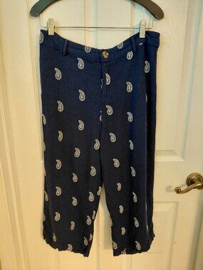 Calligraphie Navy Blue Pants Rayon Linen Cropped Size 10 Spring Summer